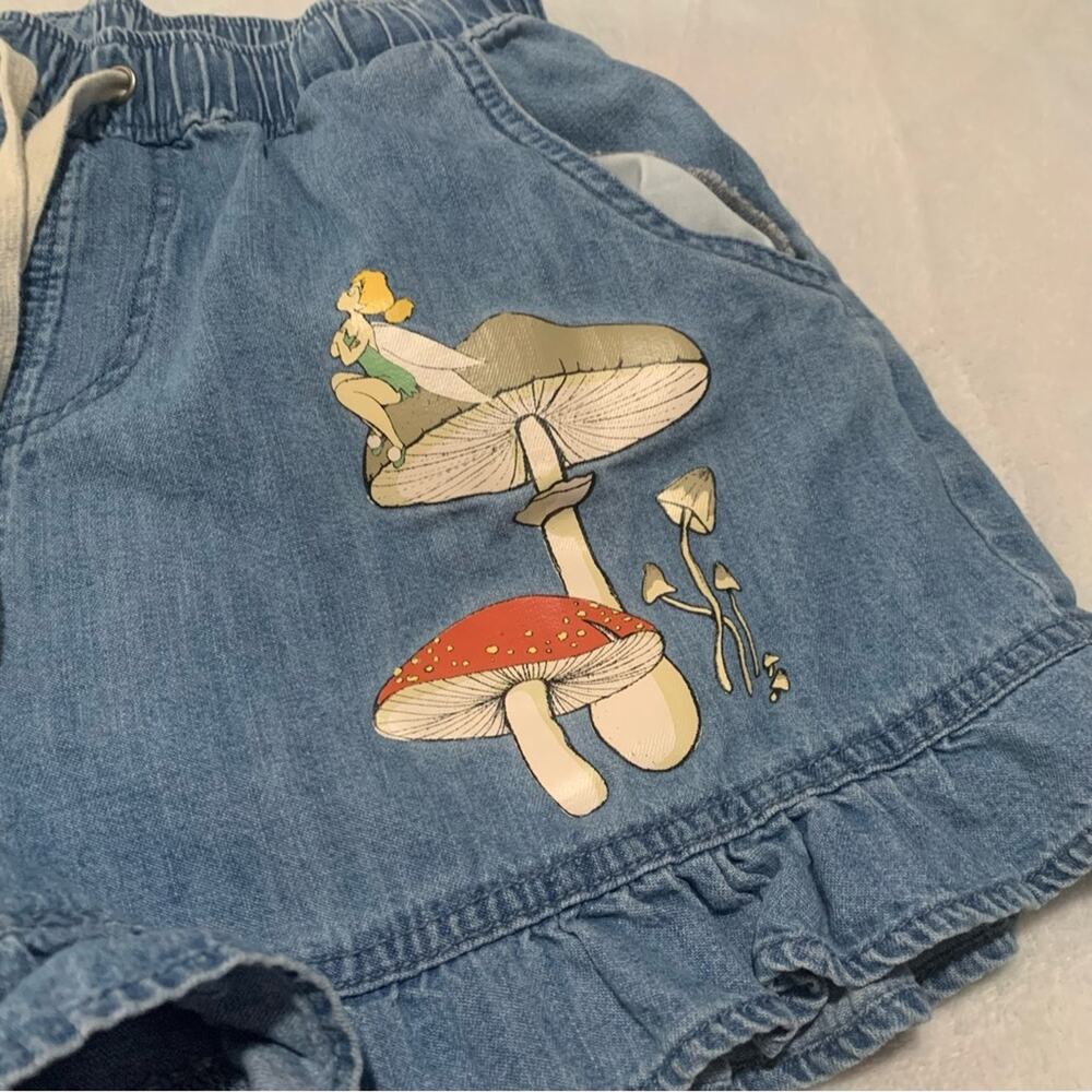 Disney size medium High Waist Blue Denim Shorts Floral Mushroom tinkerbell pull - Picture 3 of 8